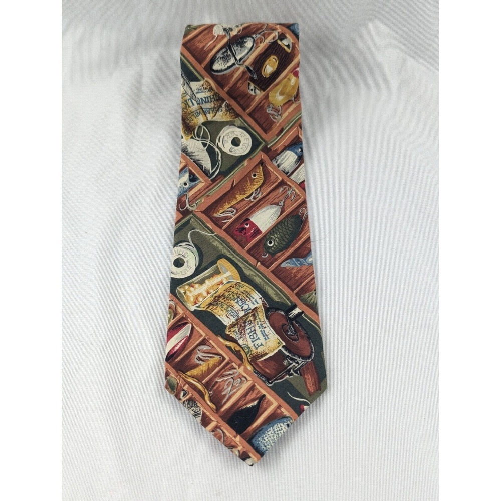 Vintage Corner Stone 90s Men's Brown‎ Multi Bass Fish Novelty Neck Tie Dressy